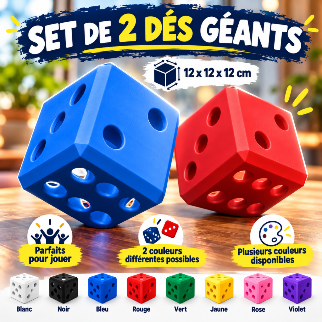 Set de 2 dés 3D pour jouer – 120 x 120 x 120 mm – Couleurs au choix